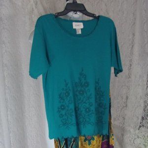By Jenny,  Short Sleeve Top Blouse Beaded Accents  Teal Blue